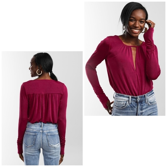 NWOT Free People Maroon Ruched Sleeve V-Neck Bodysuit - Picture 1 of 7